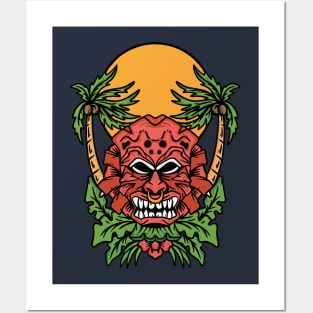 Retro Tiki Mask with Palm Trees & Sun Posters and Art